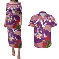 Hawaiian and Japanese Culture Together Couples Matching Puletasi and Hawaiian Shirt Purple Ohia Lehua Plumeria and Sakura Blooming - Polynesian Pride