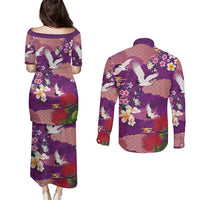Hawaiian and Japanese Culture Together Couples Matching Puletasi and Long Sleeve Button Shirt Purple Ohia Lehua Plumeria and Sakura Blooming - Polynesian Pride