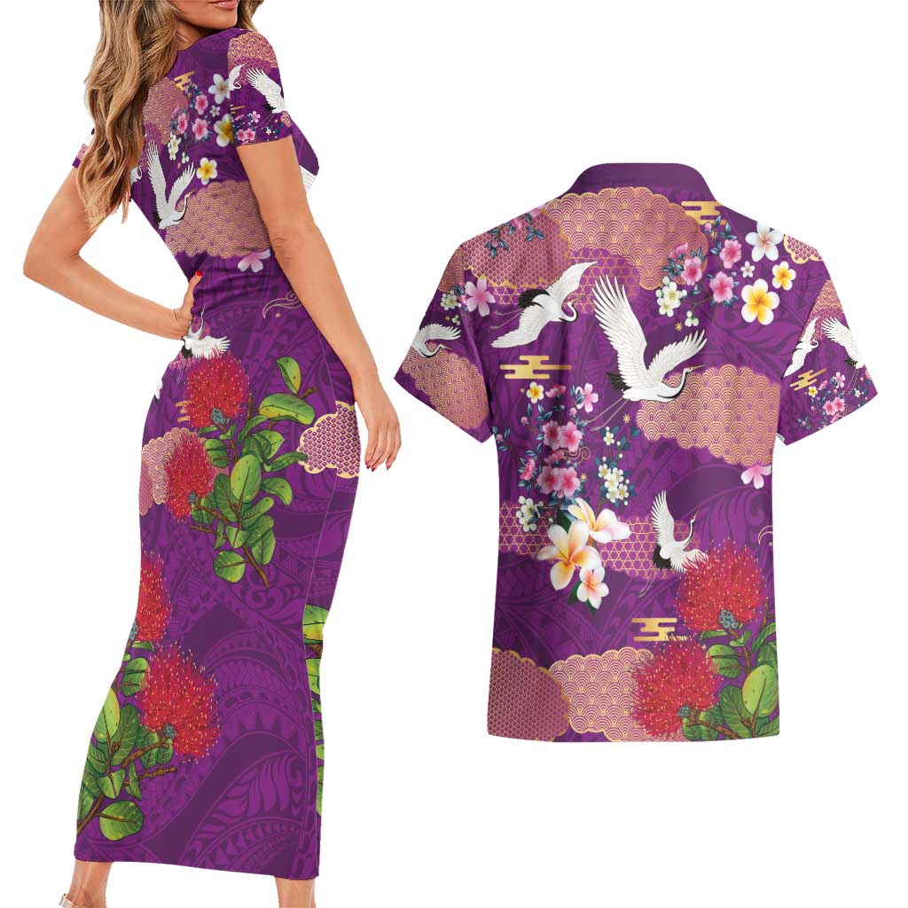 Hawaiian and Japanese Culture Together Couples Matching Short Sleeve Bodycon Dress and Hawaiian Shirt Purple Ohia Lehua Plumeria and Sakura Blooming - Polynesian Pride