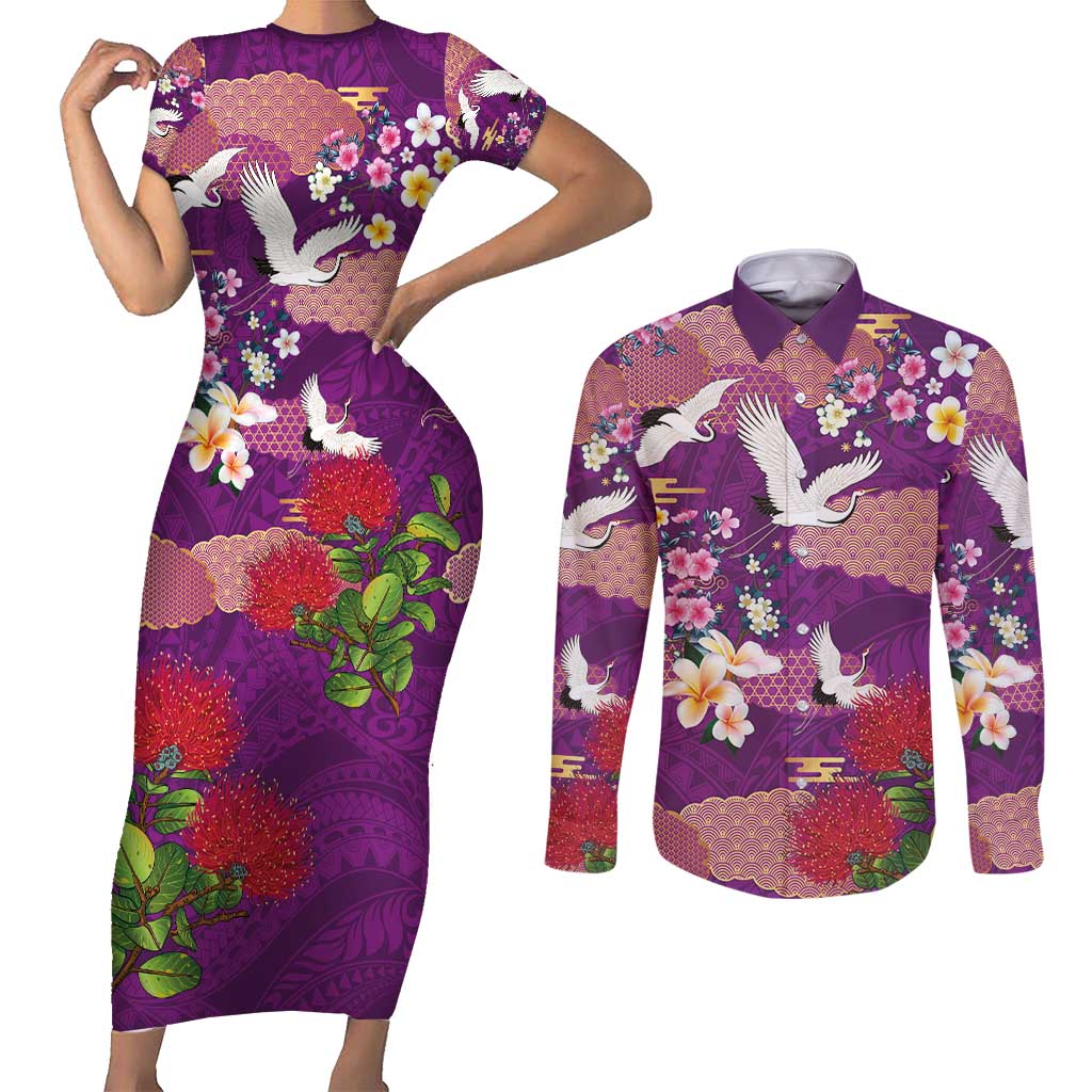 Hawaiian and Japanese Culture Together Couples Matching Short Sleeve Bodycon Dress and Long Sleeve Button Shirt Purple Ohia Lehua Plumeria and Sakura Blooming - Polynesian Pride