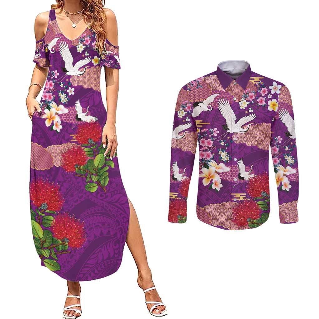 Hawaiian and Japanese Culture Together Couples Matching Summer Maxi Dress and Long Sleeve Button Shirt Purple Ohia Lehua Plumeria and Sakura Blooming - Polynesian Pride