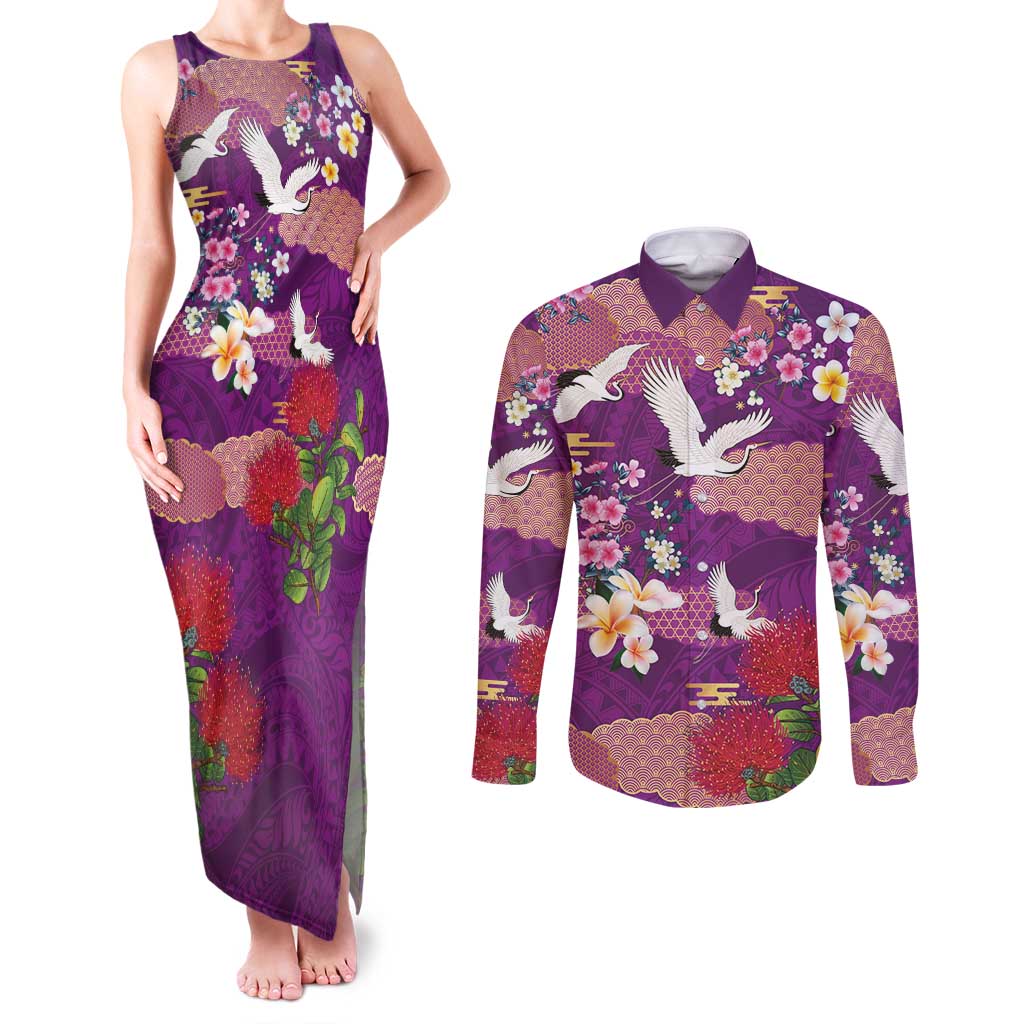 Hawaiian and Japanese Culture Together Couples Matching Tank Maxi Dress and Long Sleeve Button Shirt Purple Ohia Lehua Plumeria and Sakura Blooming - Polynesian Pride