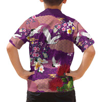 Hawaiian and Japanese Culture Together Family Matching Long Sleeve Bodycon Dress and Hawaiian Shirt Purple Ohia Lehua Plumeria and Sakura Blooming - Polynesian Pride