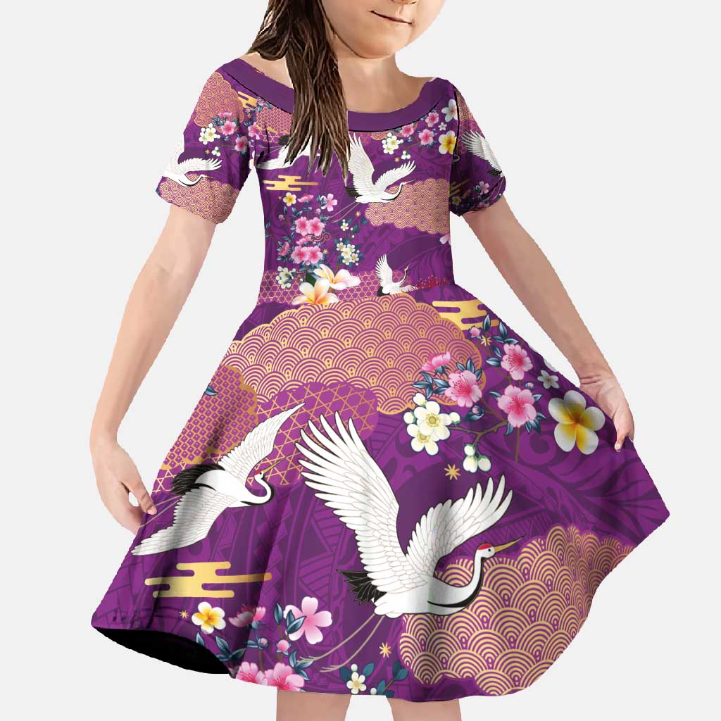 Hawaiian and Japanese Culture Together Family Matching Long Sleeve Bodycon Dress and Hawaiian Shirt Purple Ohia Lehua Plumeria and Sakura Blooming - Polynesian Pride