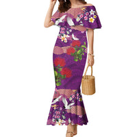 Hawaiian and Japanese Culture Together Family Matching Mermaid Dress and Hawaiian Shirt Purple Ohia Lehua Plumeria and Sakura Blooming - Polynesian Pride