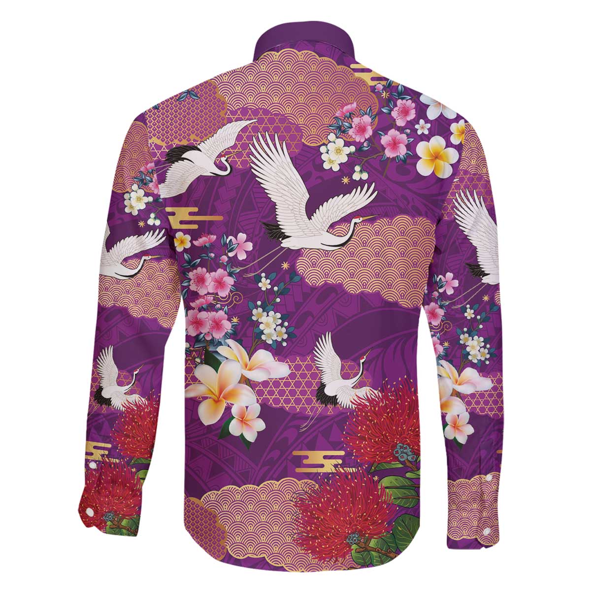 Hawaiian and Japanese Culture Together Family Matching Off The Shoulder Long Sleeve Dress and Hawaiian Shirt Purple Ohia Lehua Plumeria and Sakura Blooming - Polynesian Pride