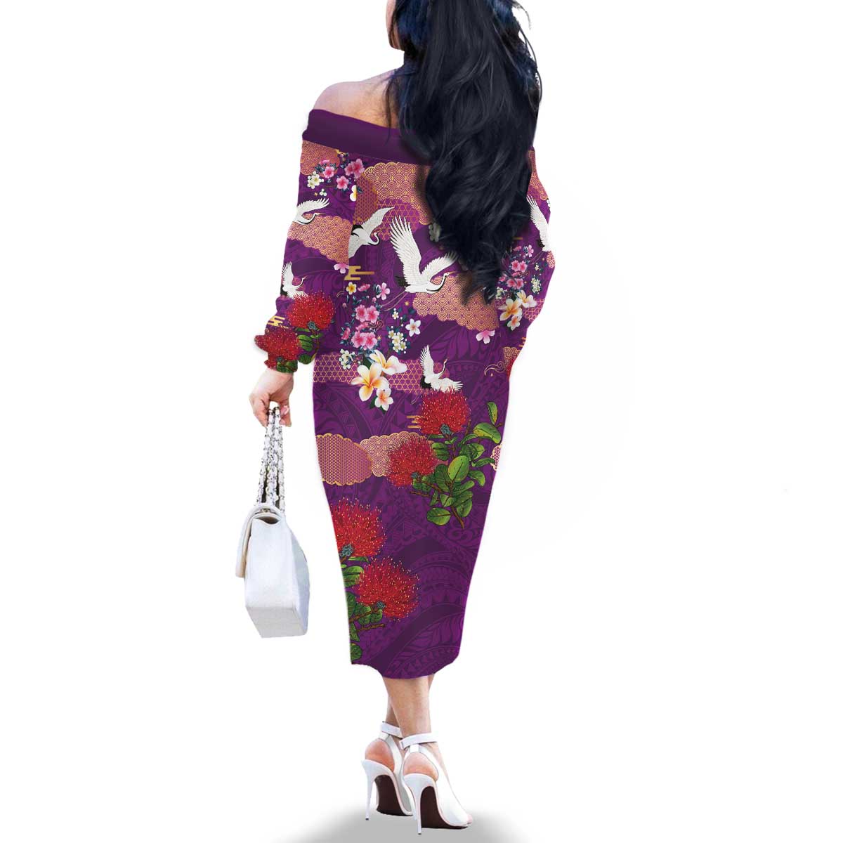 Hawaiian and Japanese Culture Together Family Matching Off The Shoulder Long Sleeve Dress and Hawaiian Shirt Purple Ohia Lehua Plumeria and Sakura Blooming - Polynesian Pride