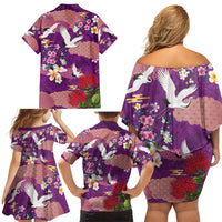 Hawaiian and Japanese Culture Together Family Matching Off Shoulder Short Dress and Hawaiian Shirt Purple Ohia Lehua Plumeria and Sakura Blooming - Polynesian Pride
