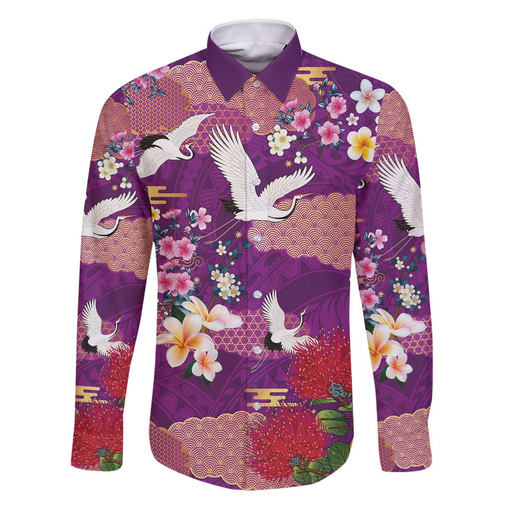 Hawaiian and Japanese Culture Together Family Matching Off Shoulder Short Dress and Hawaiian Shirt Purple Ohia Lehua Plumeria and Sakura Blooming - Polynesian Pride