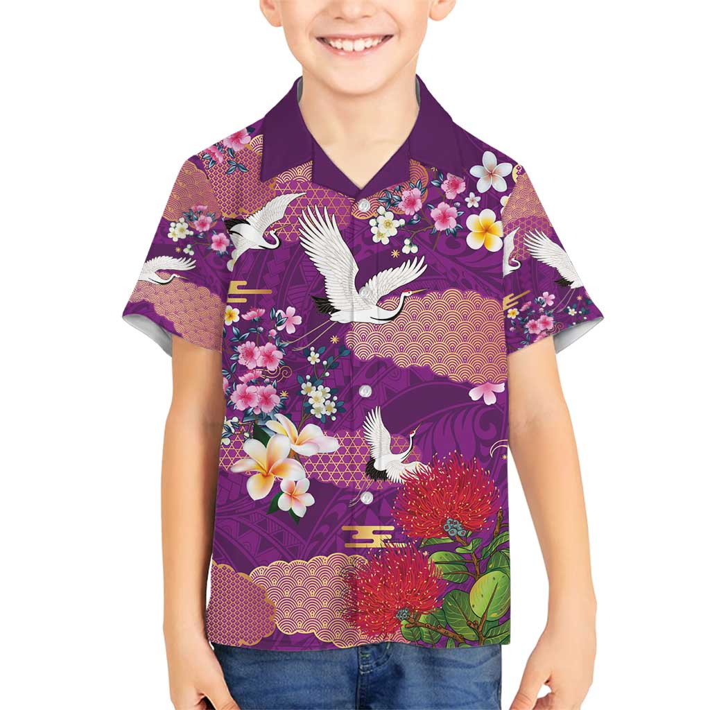 Hawaiian and Japanese Culture Together Family Matching Off Shoulder Short Dress and Hawaiian Shirt Purple Ohia Lehua Plumeria and Sakura Blooming - Polynesian Pride