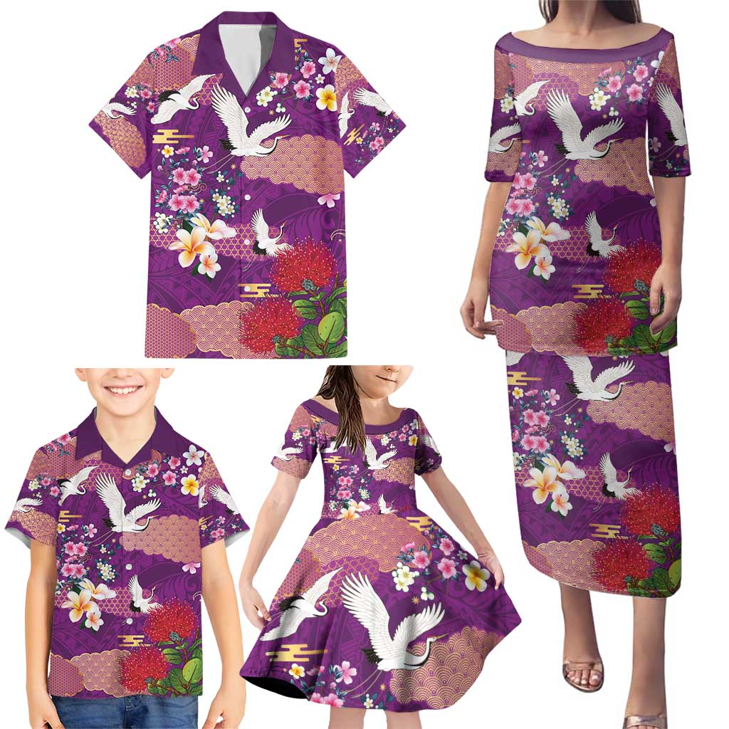 Hawaiian and Japanese Culture Together Family Matching Puletasi and Hawaiian Shirt Purple Ohia Lehua Plumeria and Sakura Blooming - Polynesian Pride