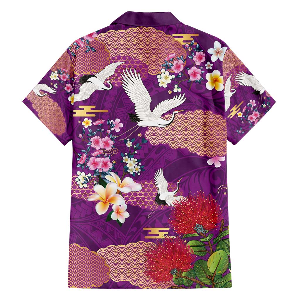 Hawaiian and Japanese Culture Together Family Matching Puletasi and Hawaiian Shirt Purple Ohia Lehua Plumeria and Sakura Blooming - Polynesian Pride
