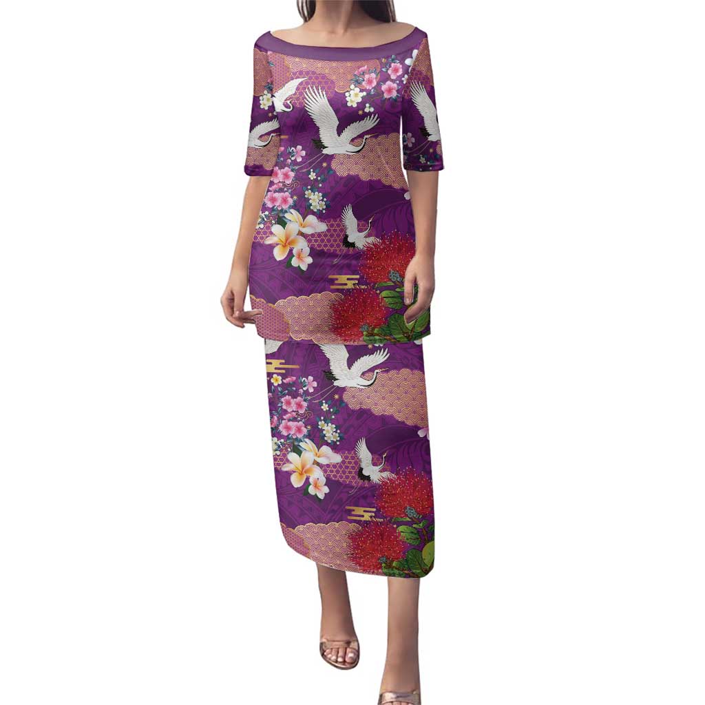 Hawaiian and Japanese Culture Together Family Matching Puletasi and Hawaiian Shirt Purple Ohia Lehua Plumeria and Sakura Blooming - Polynesian Pride