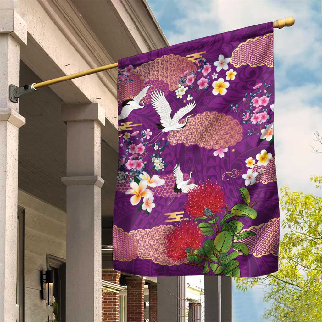 Hawaiian and Japanese Culture Together Garden Flag Purple Ohia Lehua Plumeria and Sakura Blooming - Polynesian Pride
