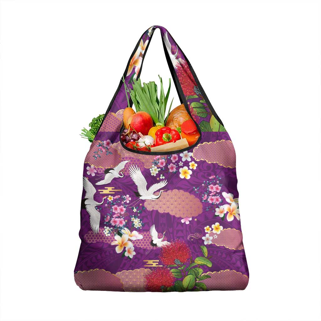 Hawaiian and Japanese Culture Together Grocery Bag Purple Ohia Lehua Plumeria and Sakura Blooming - Polynesian Pride