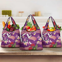 Hawaiian and Japanese Culture Together Grocery Bag Purple Ohia Lehua Plumeria and Sakura Blooming - Polynesian Pride