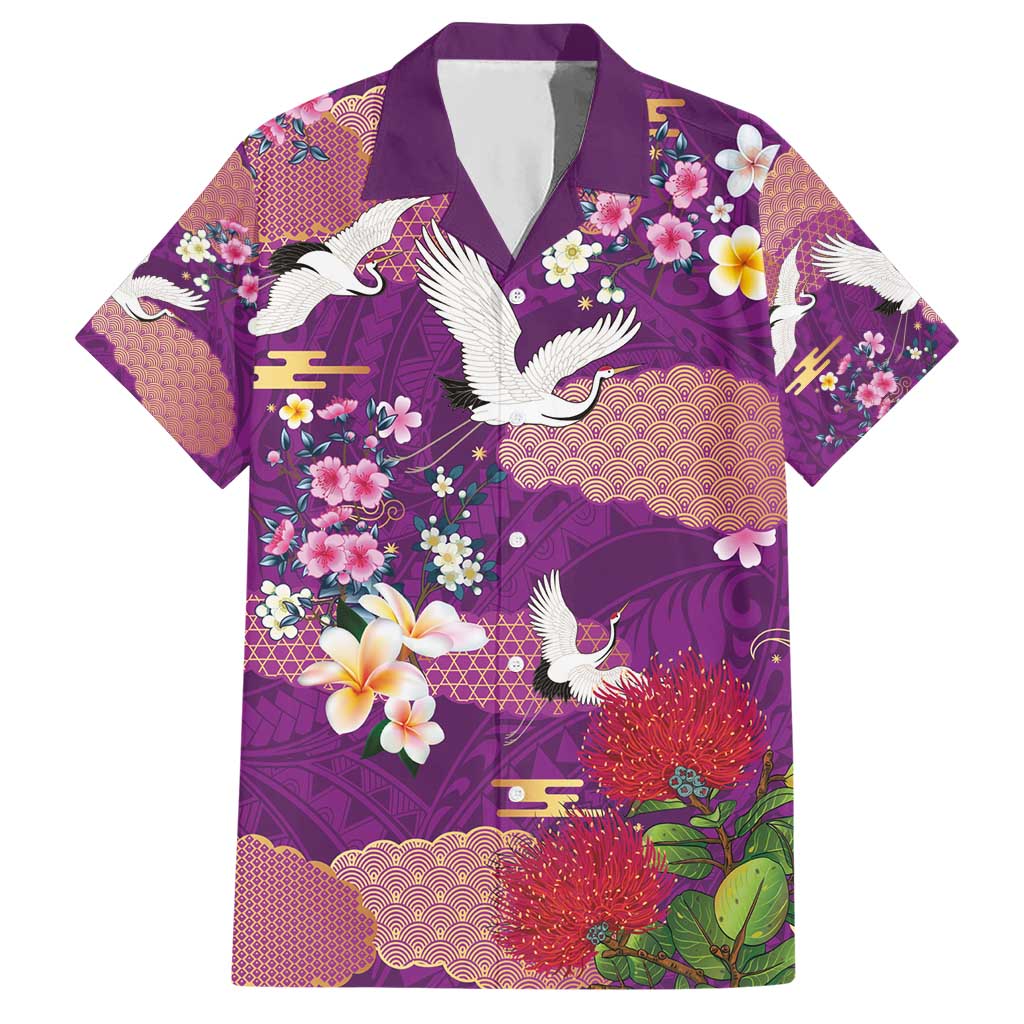 Hawaiian and Japanese Culture Together Hawaiian Shirt Purple Ohia Lehua Plumeria and Sakura Blooming - Polynesian Pride