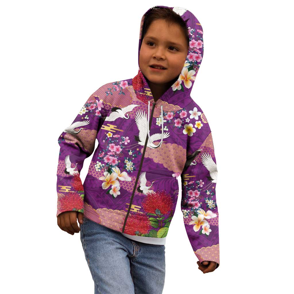 Hawaiian and Japanese Culture Together Kid Hoodie Purple Ohia Lehua Plumeria and Sakura Blooming - Polynesian Pride