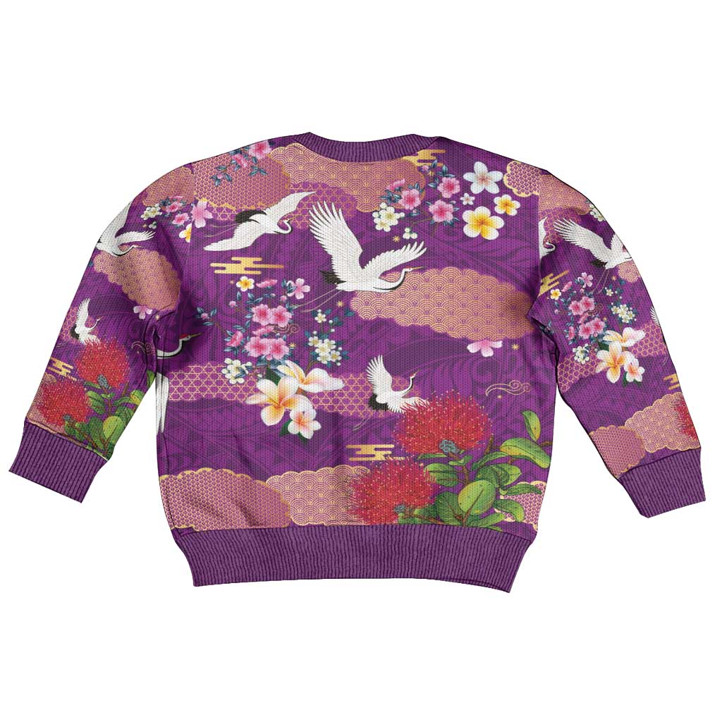 Hawaiian and Japanese Culture Together Kid Ugly Christmas Sweater Purple Ohia Lehua Plumeria and Sakura Blooming - Polynesian Pride
