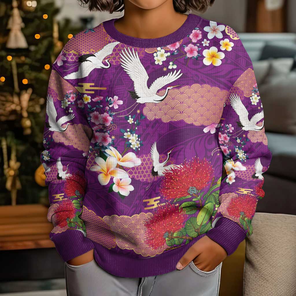 Hawaiian and Japanese Culture Together Kid Ugly Christmas Sweater Purple Ohia Lehua Plumeria and Sakura Blooming - Polynesian Pride