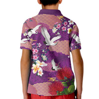 Hawaiian and Japanese Culture Together Kid Polo Shirt Purple Ohia Lehua Plumeria and Sakura Blooming - Polynesian Pride