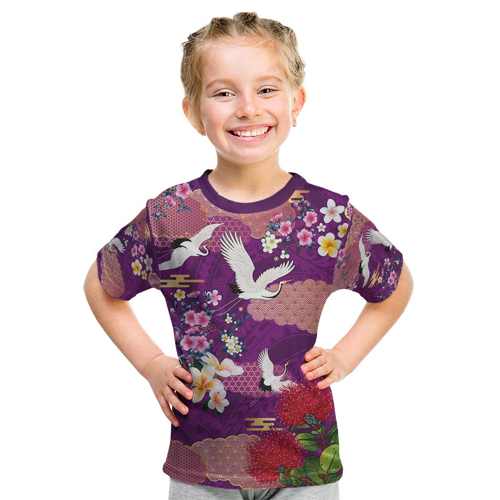 Hawaiian and Japanese Culture Together Kid T Shirt Purple Ohia Lehua Plumeria and Sakura Blooming - Polynesian Pride