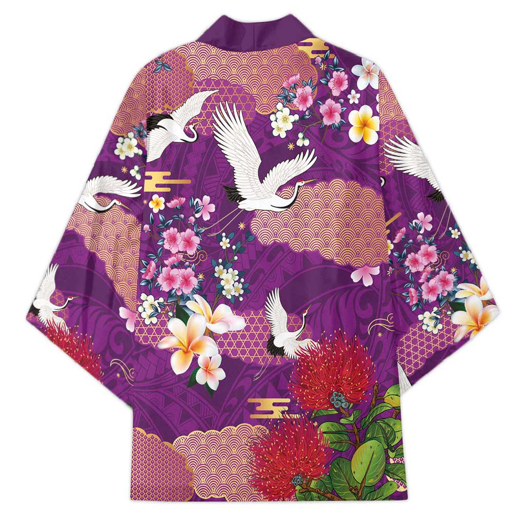 Hawaiian and Japanese Culture Together Kimono Purple Ohia Lehua Plumeria and Sakura Blooming - Polynesian Pride