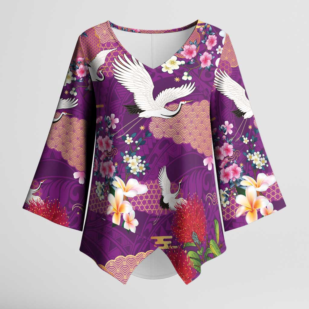 Hawaiian and Japanese Culture Together Kimono Sleeve Blouse Purple Ohia Lehua Plumeria and Sakura Blooming - Polynesian Pride