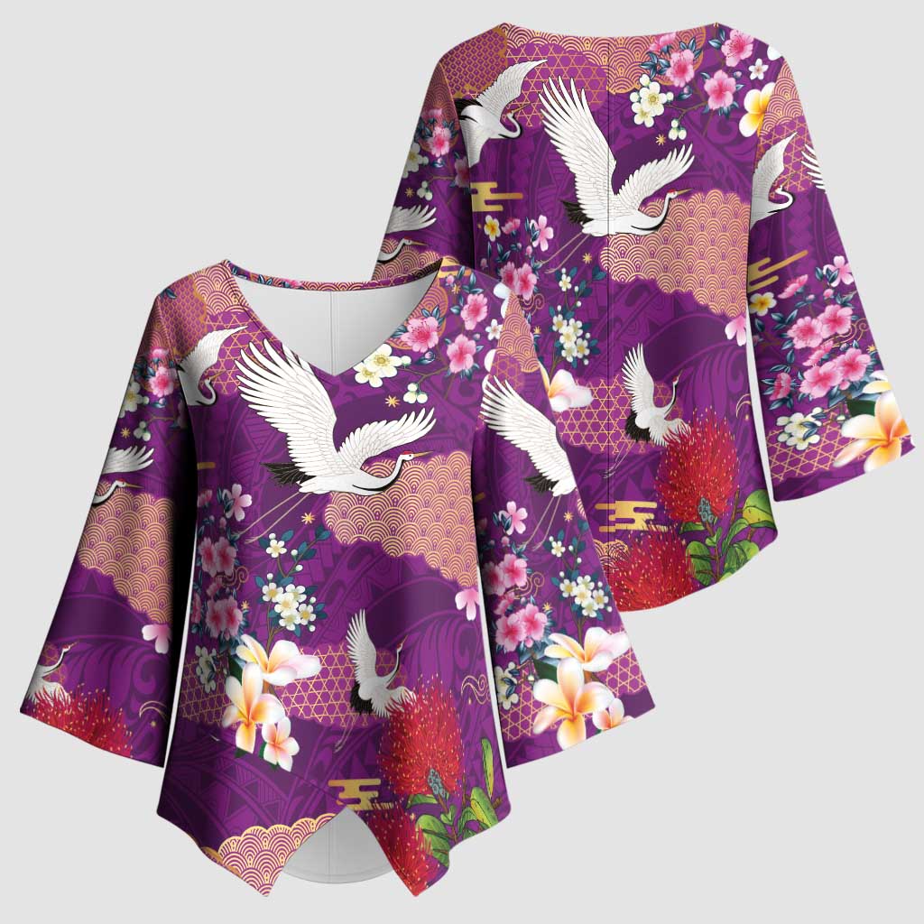 Hawaiian and Japanese Culture Together Kimono Sleeve Blouse Purple Ohia Lehua Plumeria and Sakura Blooming - Polynesian Pride