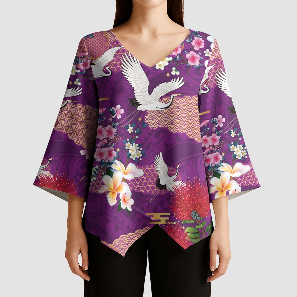 Hawaiian and Japanese Culture Together Kimono Sleeve Blouse Purple Ohia Lehua Plumeria and Sakura Blooming - Polynesian Pride