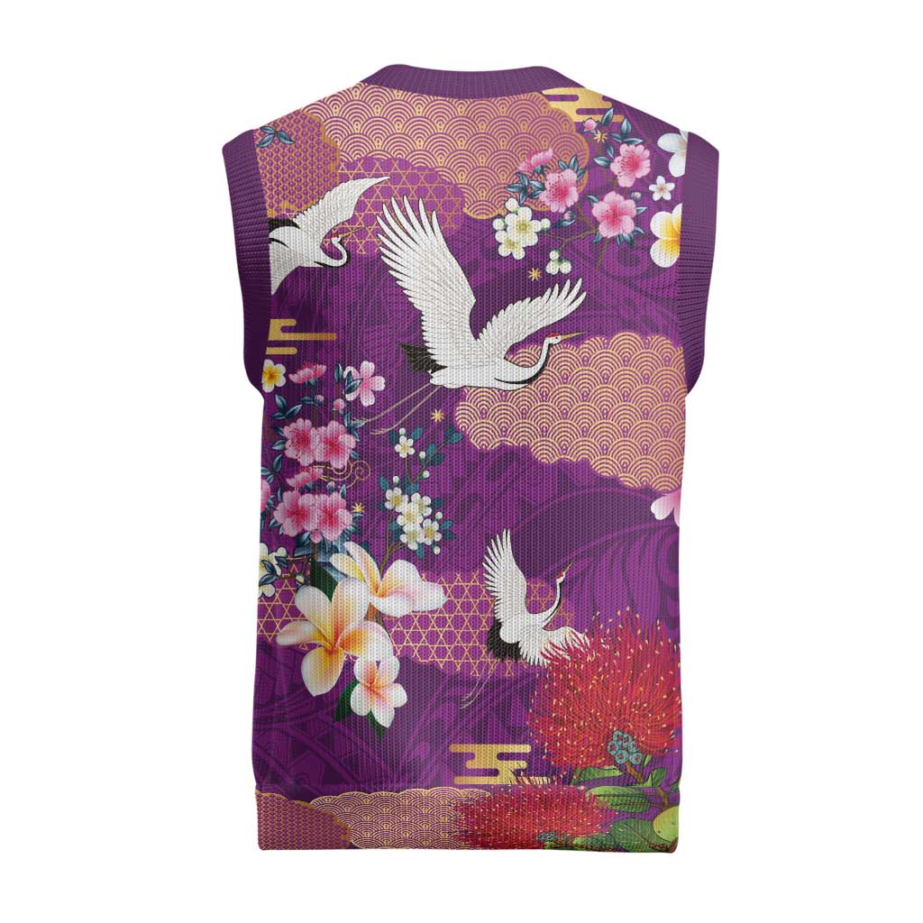 Hawaiian and Japanese Culture Together Christmas Knitted V-Neck Vest Purple Ohia Lehua Plumeria and Sakura Blooming - Polynesian Pride