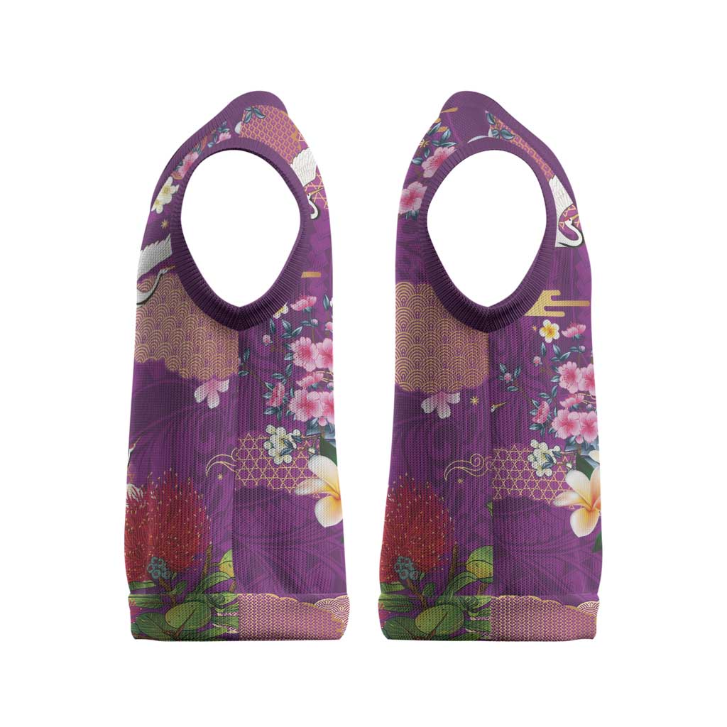 Hawaiian and Japanese Culture Together Christmas Knitted V-Neck Vest Purple Ohia Lehua Plumeria and Sakura Blooming - Polynesian Pride