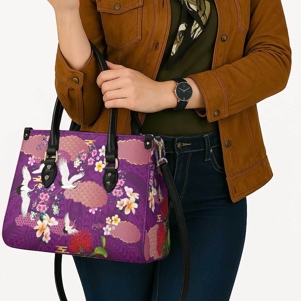 Hawaiian and Japanese Culture Together Leather Bag Purple Ohia Lehua Plumeria and Sakura Blooming - Polynesian Pride