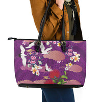 Hawaiian and Japanese Culture Together Leather Tote Bag Purple Ohia Lehua Plumeria and Sakura Blooming - Polynesian Pride