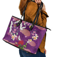 Hawaiian and Japanese Culture Together Leather Tote Bag Purple Ohia Lehua Plumeria and Sakura Blooming - Polynesian Pride