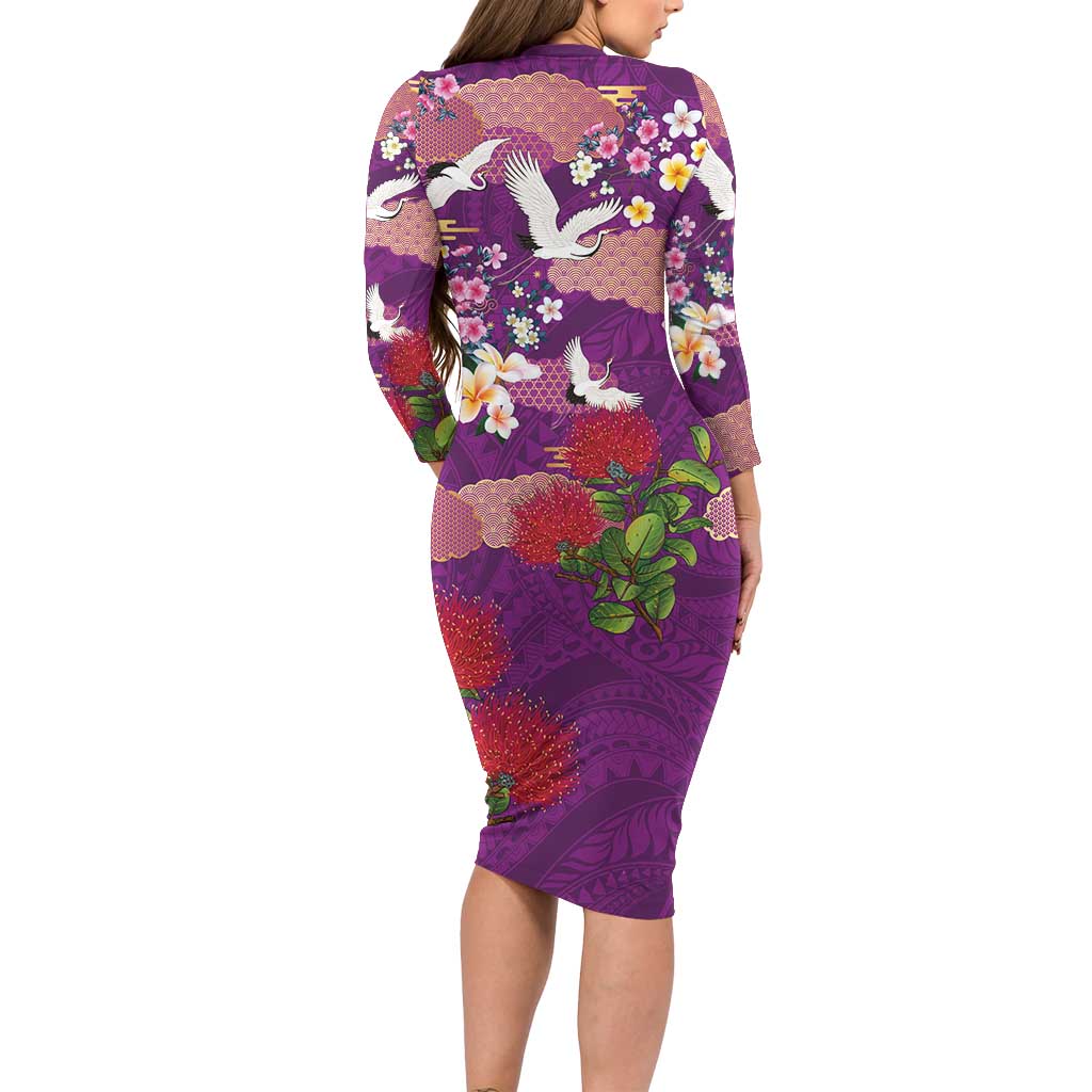 Hawaiian and Japanese Culture Together Long Sleeve Bodycon Dress Purple Ohia Lehua Plumeria and Sakura Blooming - Polynesian Pride