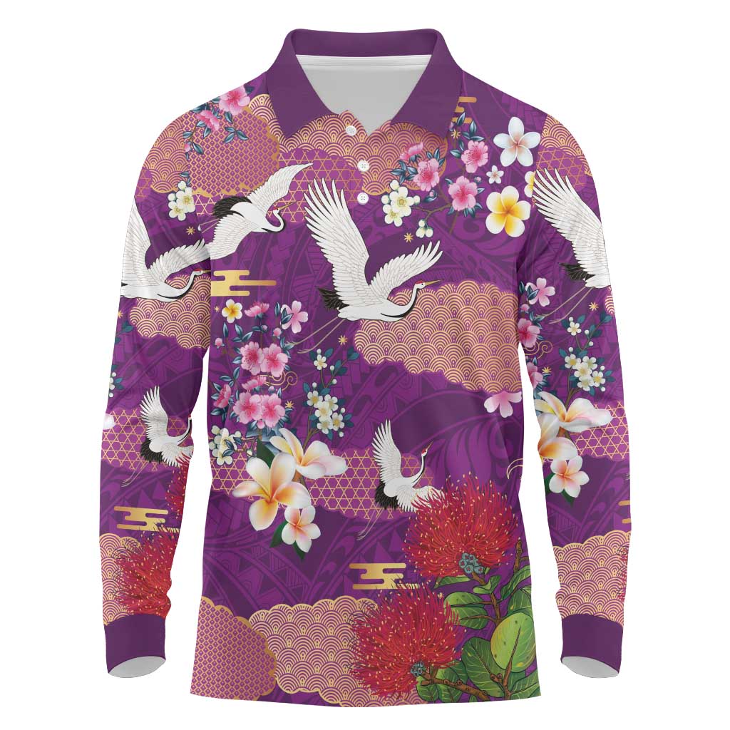 Hawaiian and Japanese Culture Together Long Sleeve Polo Shirt Purple Ohia Lehua Plumeria and Sakura Blooming - Polynesian Pride