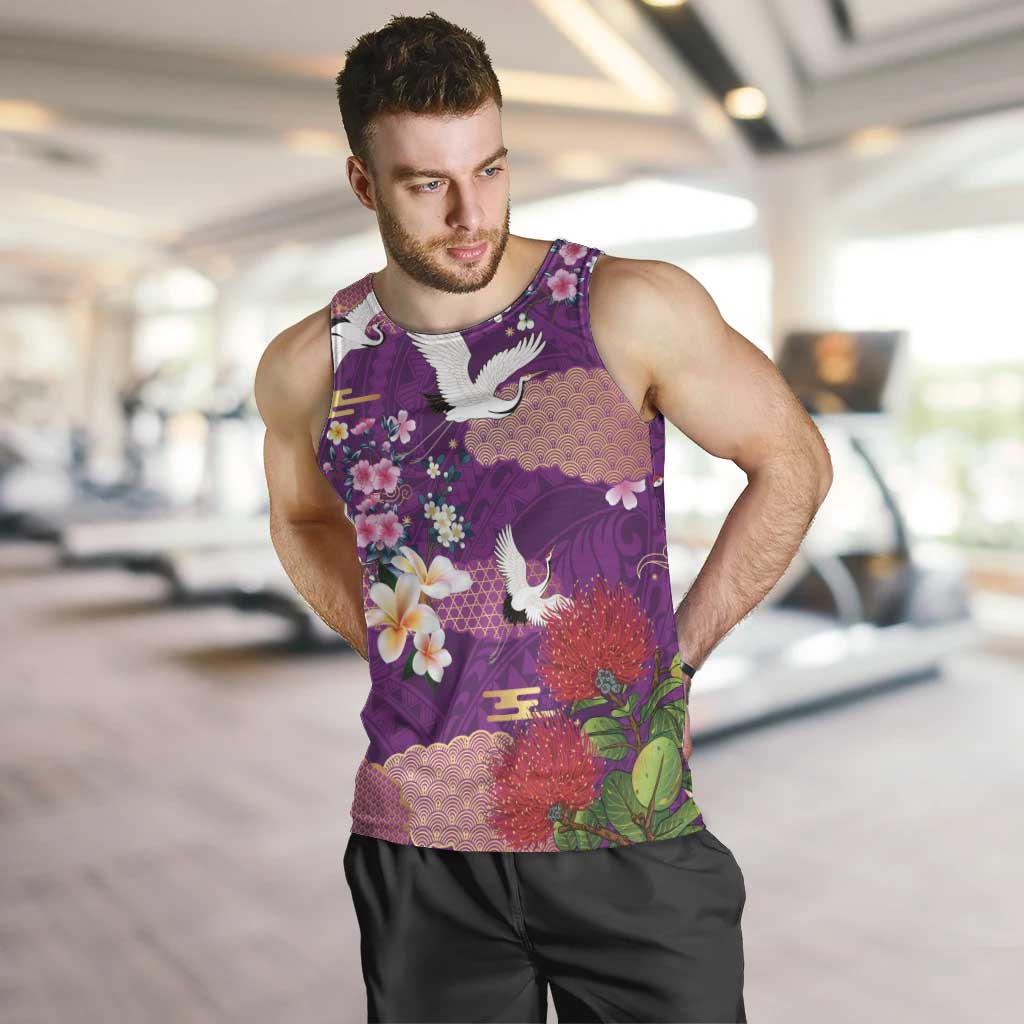 Hawaiian and Japanese Culture Together Men Tank Top Purple Ohia Lehua Plumeria and Sakura Blooming - Polynesian Pride