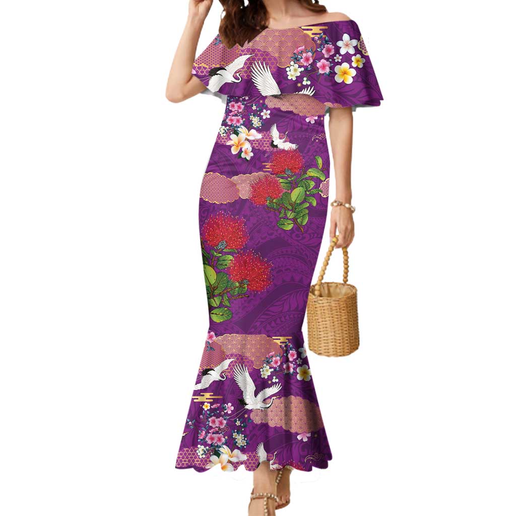 Hawaiian and Japanese Culture Together Mermaid Dress Purple Ohia Lehua Plumeria and Sakura Blooming - Polynesian Pride