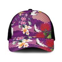 Hawaiian and Japanese Culture Together Mesh Trucker Cap Purple Ohia Lehua Plumeria and Sakura Blooming - Polynesian Pride