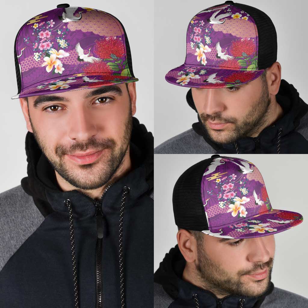 Hawaiian and Japanese Culture Together Mesh Trucker Cap Purple Ohia Lehua Plumeria and Sakura Blooming - Polynesian Pride