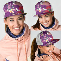 Hawaiian and Japanese Culture Together Mesh Trucker Cap Purple Ohia Lehua Plumeria and Sakura Blooming - Polynesian Pride
