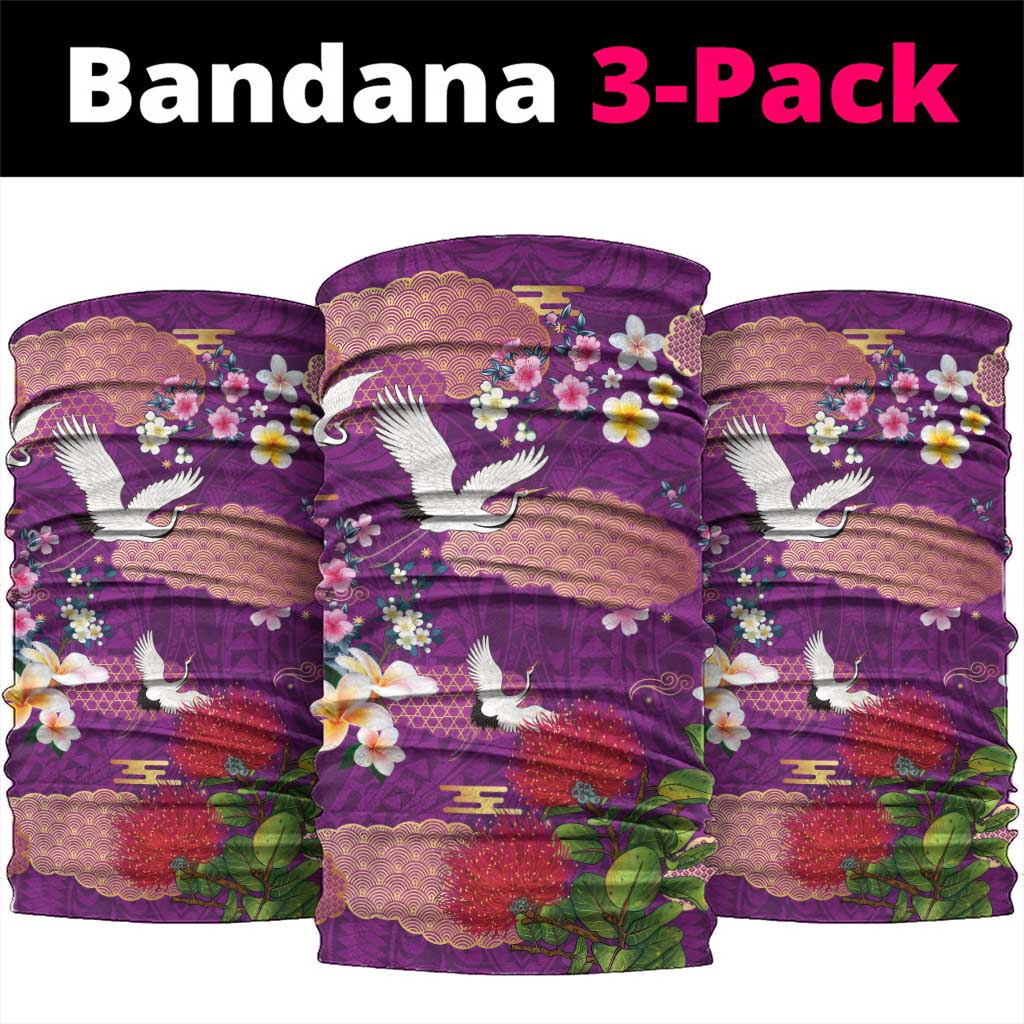 Hawaiian and Japanese Culture Together Neck Gaiter Purple Ohia Lehua Plumeria and Sakura Blooming - Polynesian Pride