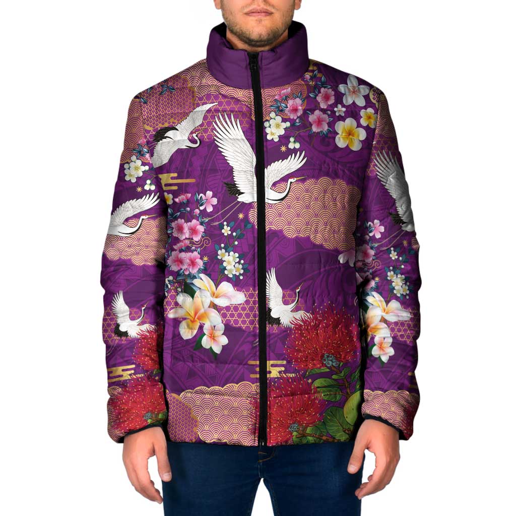 Hawaiian and Japanese Culture Together Padded Jacket Purple Ohia Lehua Plumeria and Sakura Blooming - Polynesian Pride