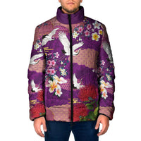 Hawaiian and Japanese Culture Together Padded Jacket Purple Ohia Lehua Plumeria and Sakura Blooming - Polynesian Pride