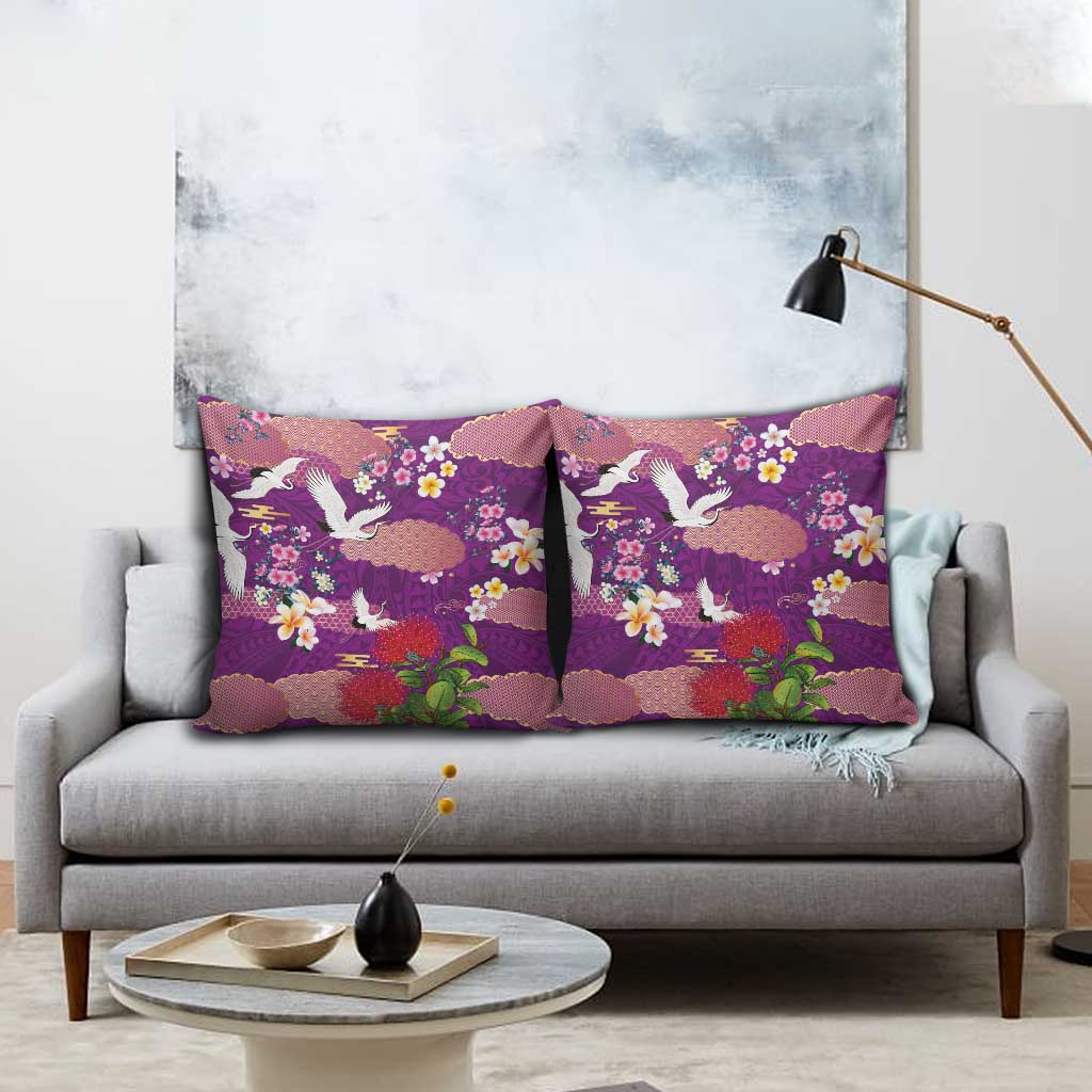 Hawaiian and Japanese Culture Together Pillow Cover Purple Ohia Lehua Plumeria and Sakura Blooming - Polynesian Pride