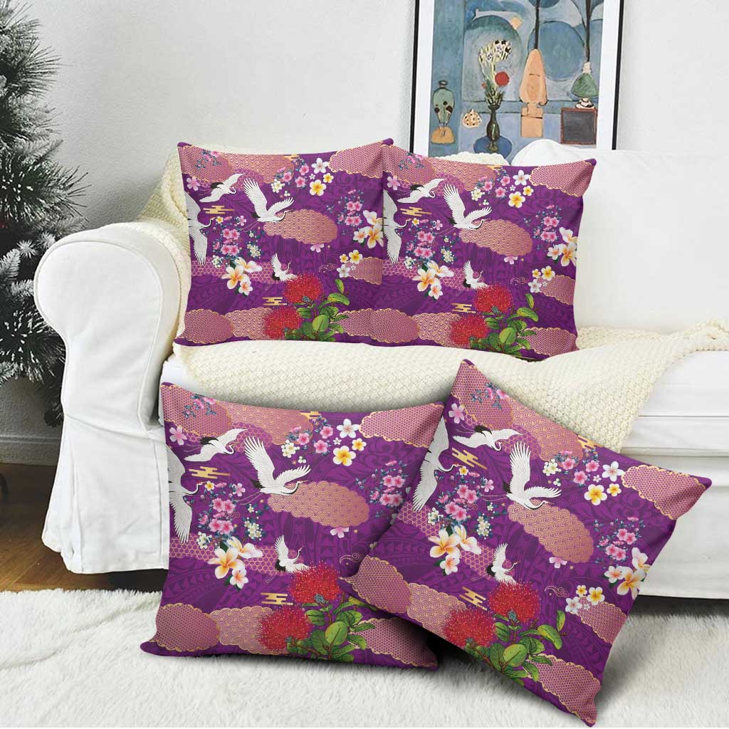 Hawaiian and Japanese Culture Together Pillow Cover Purple Ohia Lehua Plumeria and Sakura Blooming - Polynesian Pride