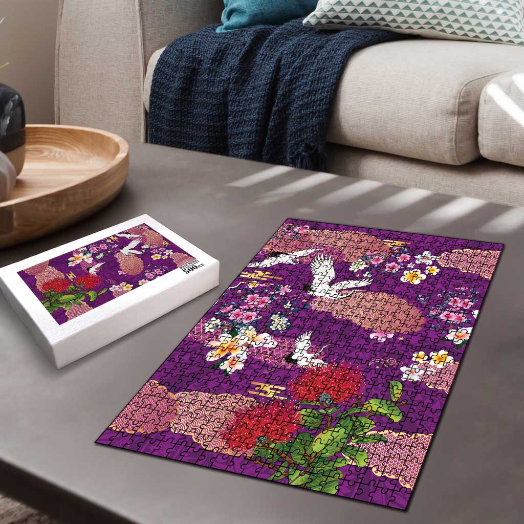 Hawaiian and Japanese Culture Together Puzzle Purple Ohia Lehua Plumeria and Sakura Blooming - Polynesian Pride
