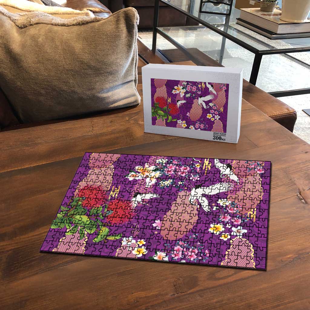 Hawaiian and Japanese Culture Together Puzzle Purple Ohia Lehua Plumeria and Sakura Blooming - Polynesian Pride