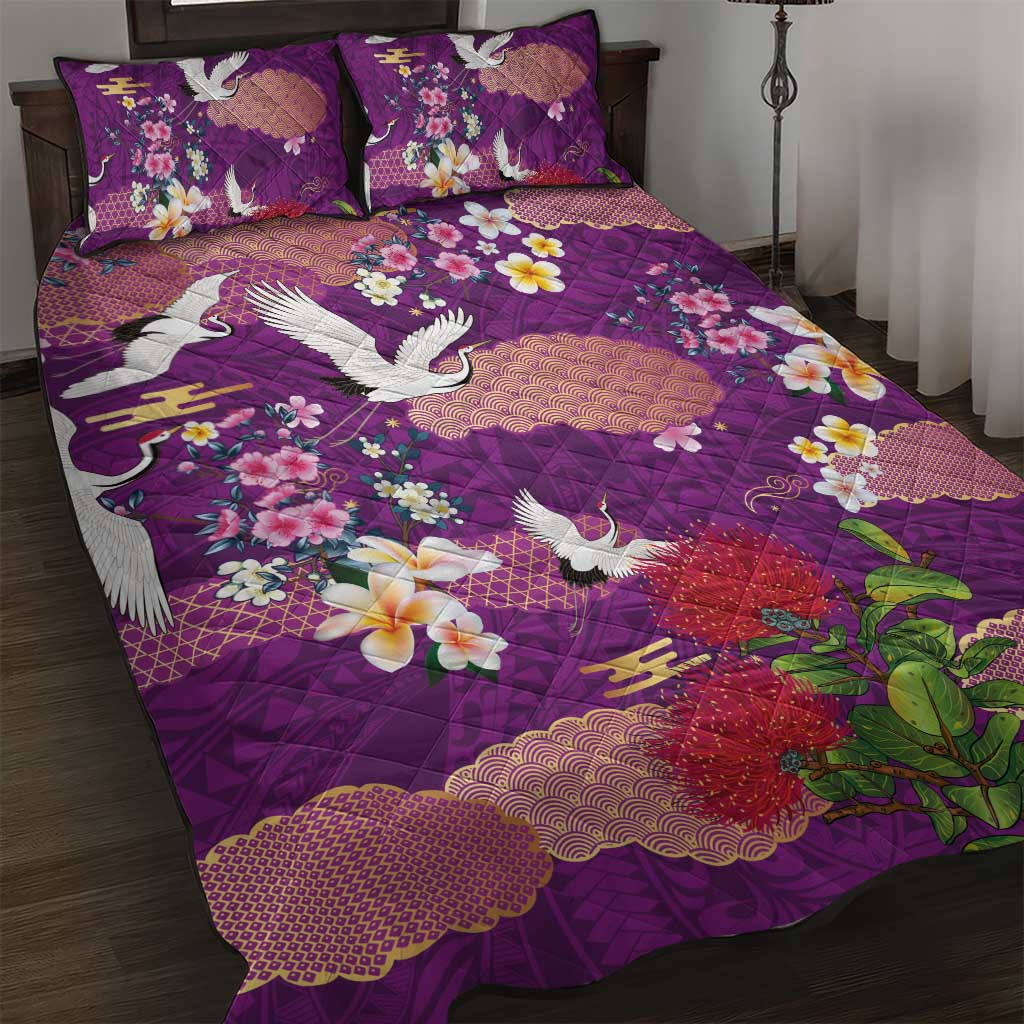 Hawaiian and Japanese Culture Together Quilt Bed Set Purple Ohia Lehua Plumeria and Sakura Blooming - Polynesian Pride